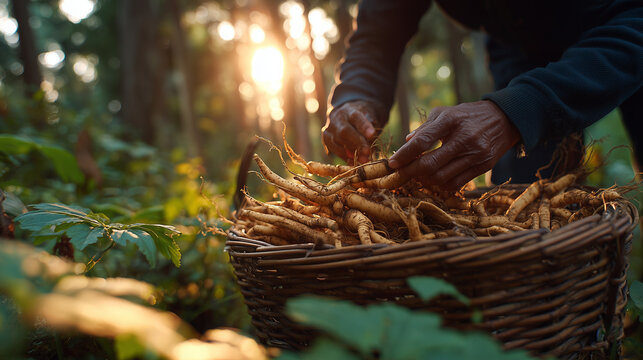 Root Harvest in Sunlight: A close-up view captures the hands of a harvester carefully selecting and placing freshly dug roots into a rustic basket bathed in warm sunlight.