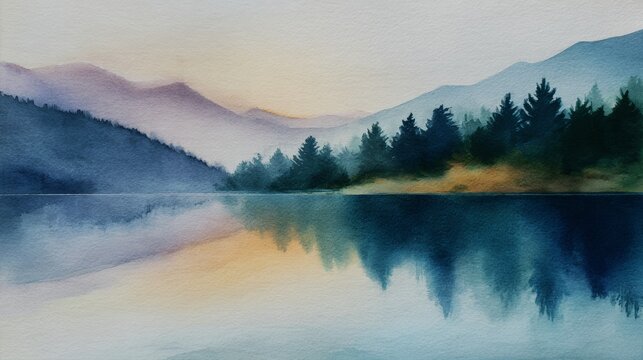 Watercolor painting of mountain lake at sunrise with tree reflections