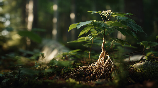 Mystical Ginseng in Forest: In the heart of a mystical forest, a ginseng plant emerges, showcasing its unique root structure and lush leaves, illuminated by the gentle embrace of dappled sunlight. 