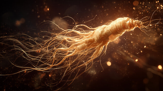 Ginseng Root's Glowing Ascent: A mystical and vibrant depiction of a ginseng root, its intricate details highlighted against a cosmic backdrop, embodying vitality and natural power.