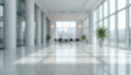 Fototapeta premium Bright modern lobby with large windows and polished floor, airy minimal interior mood