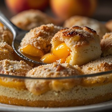Close-up peach cobbler texture with spoon, extreme close-up shot, shallow depth of field, soft bokeh background