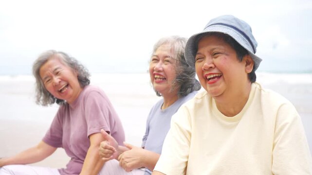 Happy senior women friends travel at the sea, sitting and celebrate aging gracefully together at the beach, active elderly retirement people lifestyle, female friendship on summer holiday vacation.