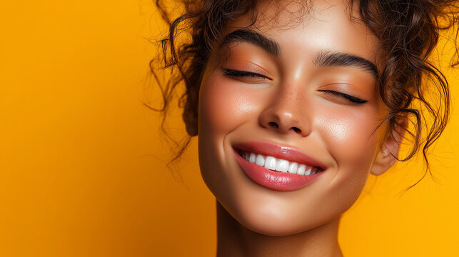 Person With Big Smile and Healthy Glowing Skin Against Vivid Color Background With Soft Lighting for Medicine and Wellness Concept and Product Highlight Concept in Premium Healthcare Campaign Style

