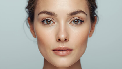 Obraz premium Natural balanced female face with clear skin and soft lighting, confident expression