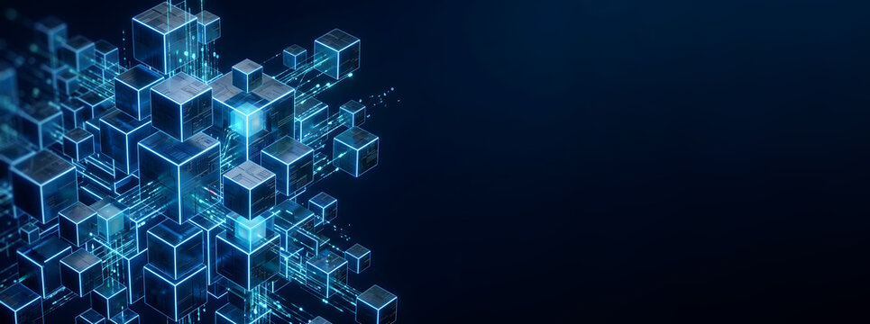 3D abstract floating geometric cubes connected by glowing neon lines representing blockchain data structure and future digital networks