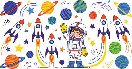 Astronaut and rocket vector illustration showing planets, stars, and playful space exploration © MSTNAJMA