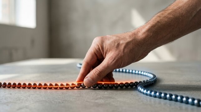 Person's hand touching a string of beads illustrating the power redirection curve metaphor for mindfulness and focus