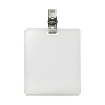 Blank white plastic ID badge with metal clip