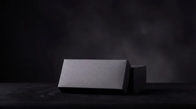 Empty black gift box resting on a dark surface for product design