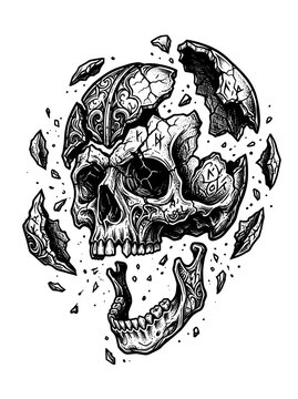 Detailed black and white gothic illustration of a human skull exploding into numerous fragments and shards flying outwards against a plain white background. The skeletal remains depict intricate