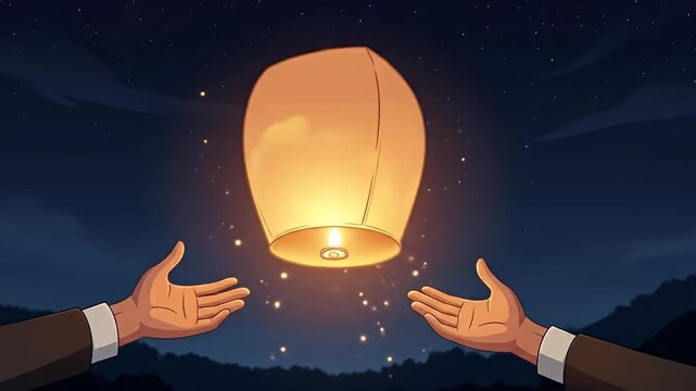 Cartoon illustration of two hands releasing a glowing sky lantern at night