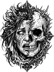 Obraz premium This black and white vector illustration depicts a gothic skull merged with a decaying human face. The details are intricate, featuring cracked bone texture on the skull and a distressed expression