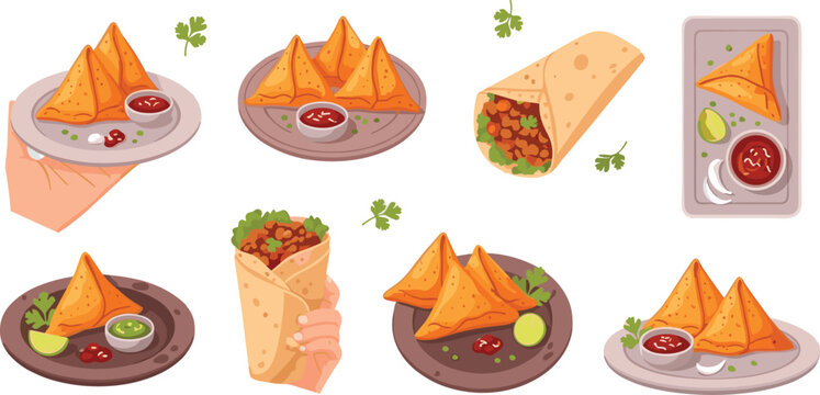 Indian street food vector illustrations showing samosas and wraps with chutneys, garnishes, and hand‑held servings