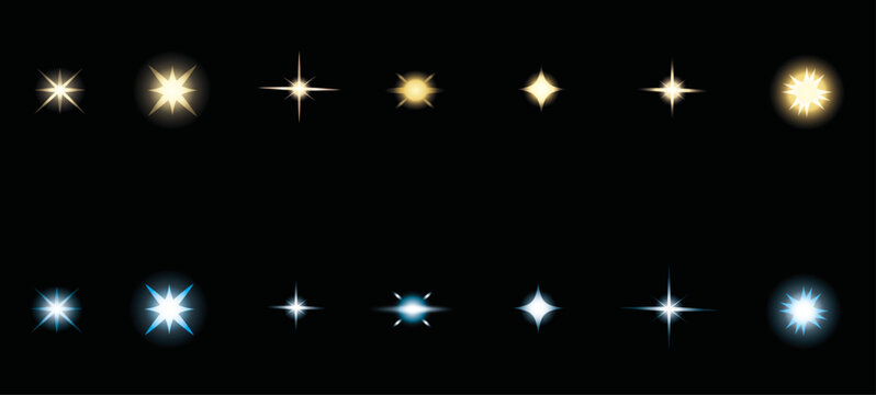 Conjunto de estrellas doradas y azules sobre fondo negro.  Ilustraci&oacute;n vectorial para fondos y dise&ntilde;os.