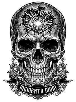 A highly detailed black and white vector illustration of a human skull. The skull is adorned with intricate patterns and imagery within its cranial cavity, culminating in a sunburst or radiating