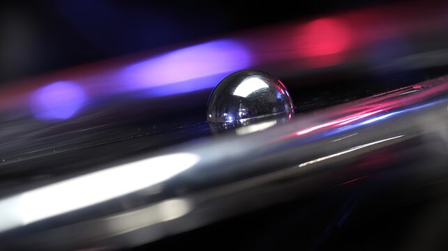 Silver Pinball Rolling Swiftly on Glowing Track, Impacting Shiny Bumper, Dynamic Motion Blur, Dark Background, Focused Closeup