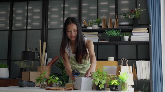 Asian woman using barcode reader checking product