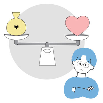 お金と愛のどちらが大切か悩んでいる若い男性のイラスト