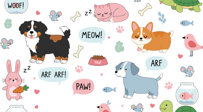 Cute Pet Pattern Illustration with Dogs, Cats, Speech Bubbles, Paw Prints, and Animal Elements, Seamless Cartoon Background Vector Design