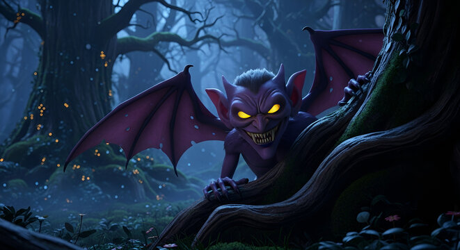 Scary Purple Imp Creature with Cruel Smile in a Misty Night Forest