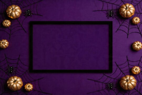 Purple backdrop with black spiderwebs and spiders.