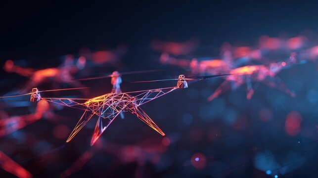 Abstract geometric drones fly in formation, rendered in vivid digital art, against a dark futuristic background. ..Created with Generative AI, not depicting real subjects.