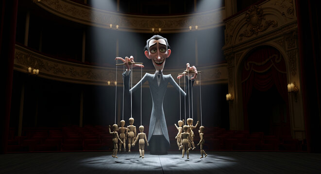 Puppet Master with Cruel Smile Controlling Marionettes on Stage