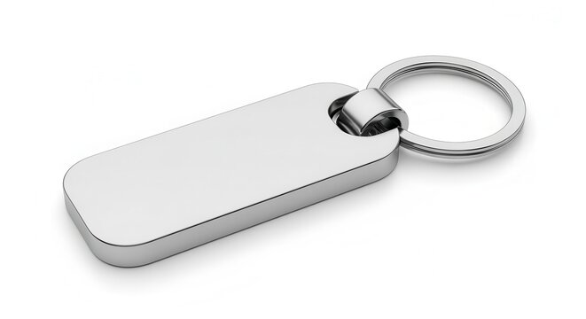 Isolated silver keychain on white background, top view, macro studio shot. Shiny metal gift, product, accessory. Mockup of design, minimalist style.