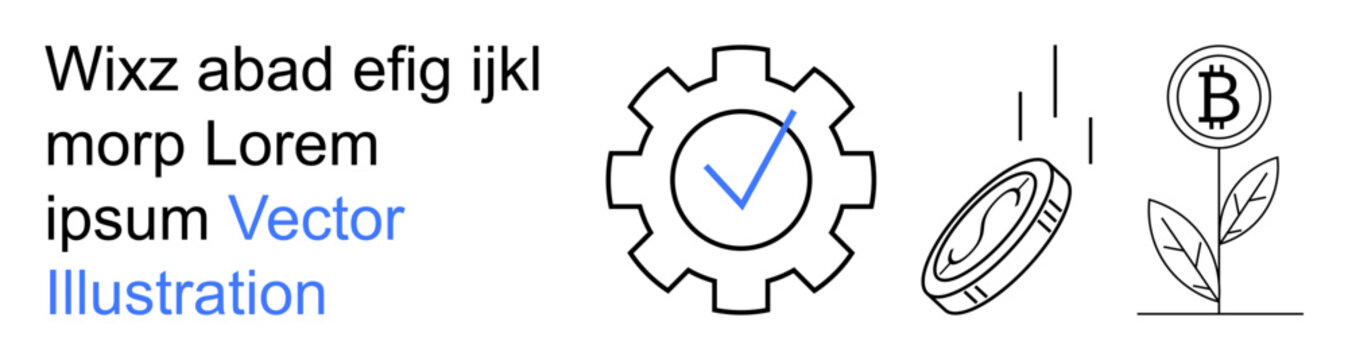 Cryptocurrency assets, blockchain security, fintech investments, financial technology, growth solutions, digital ecosystems. Gear with checkmark, falling coin Bitcoin plant. Blockchain security