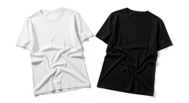 Two minimalist t-shirts, one black and one white, crumpled on a white surface, product flat lay photograph, apparel mockup, fashion retail, design.