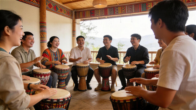 Harmony Through Rhythm: A group of individuals comes together in a circle, their faces alight with joy as they strike their drums in unison, creating a harmonious and rhythmic symphony.