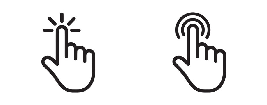 Hand cursor click icon set, pointer sign and symbol, computer mouse clicking finger icons, vector elements, editable stroke design
