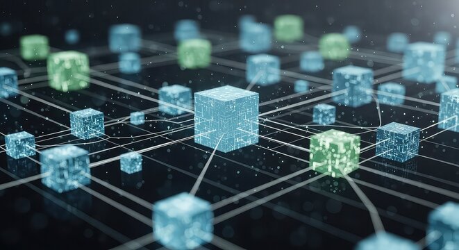 Futuristic network visualization with glowing blue and green cubes connected by lines on a dark background