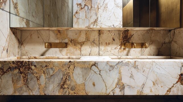Luxurious bathroom vanity carved entirely from richly veined natural stone with integrated fixtures.
