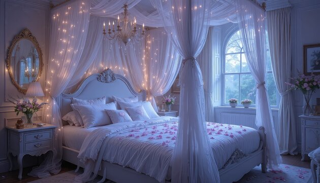Magical fairytale first night bedroom with canopy bed draped in soft tulle, glowing string lights, lavender and white flowers, rose petals on bed,