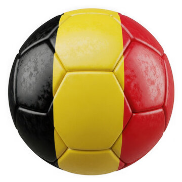 A detailed close up view of a standard soccer ball featuring the national flag of belgium colors isolated on transparent background