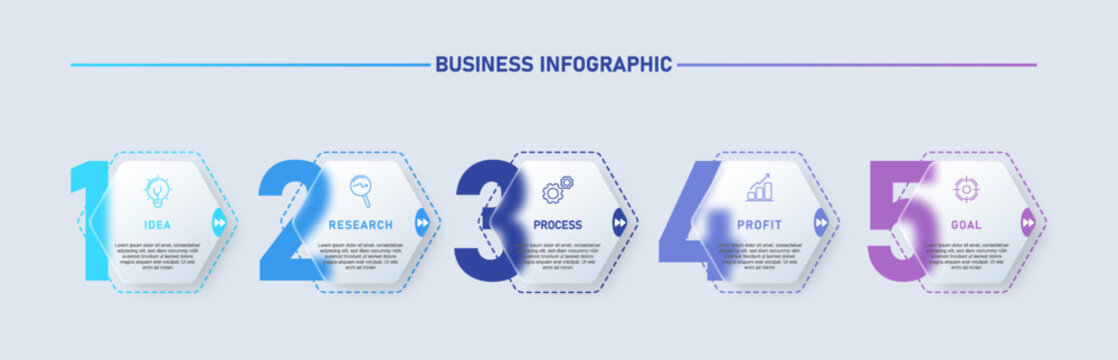 Modern business infographic template in glassmorphism style featuring 5 step workflow with number overlay and hexagon elements. Clean transparent glass effect