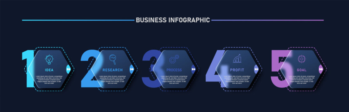 Futuristic business infographic template featuring five hexagon process steps with large neon gradient numbers on dark background