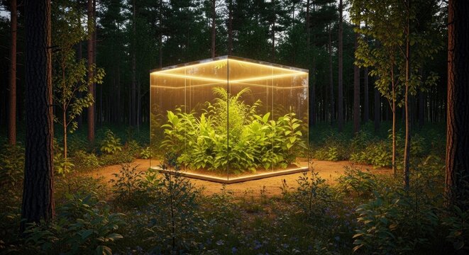 &ldquo;A glowing glass room in a once-damaged forest now regenerating, new plants growing vibrantly, soft golden light inside the room symbolizing hope, restoration, and commitment to protecting nature.&rdquo;
