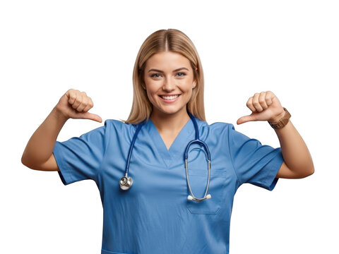 Nurse confidently holding stethoscope around neck with thumbs up gesture