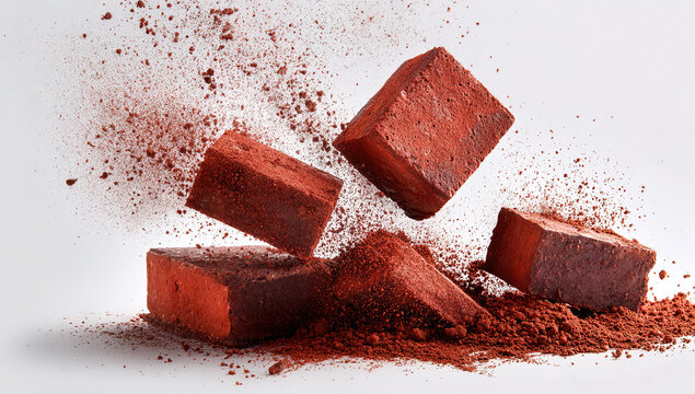 flying pieces and powder of broken red brick on white background
