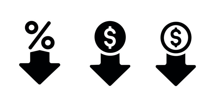 Black of percentage and dollar sign with downward arrows in white background
