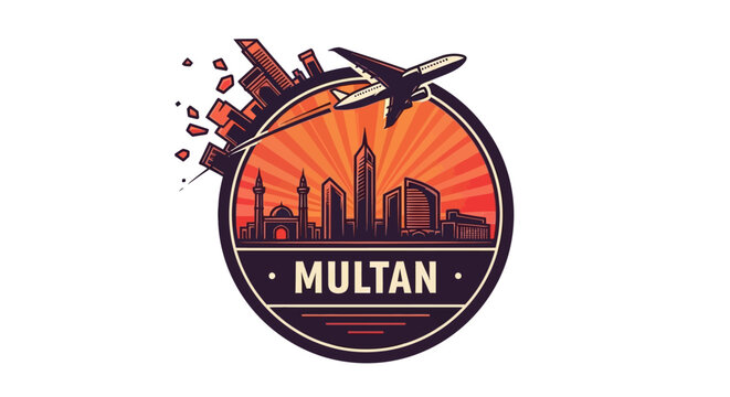 Multan City Travel Logo with Airplane and Buildings on Sunset.