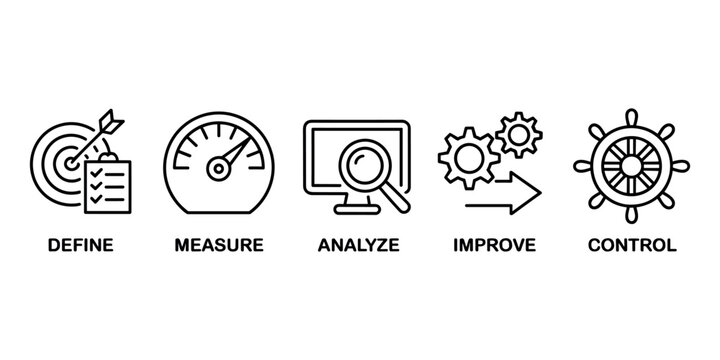 D M A I C methodology define measure analyze improve control DMAIC in white background