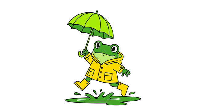 A cartoon frog wearing a yellow raincoat runs with a green umbrella in rain.