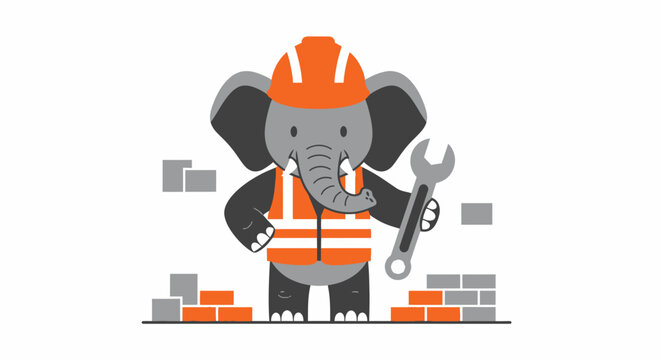 An elephant wearing an orange safety vest and hard hat holds a wrench on a construction site with bricks scattered around.