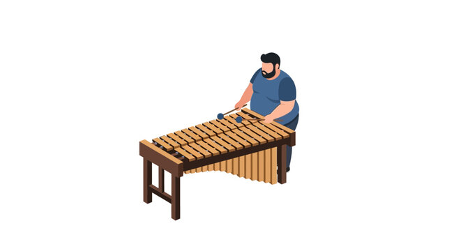 Musician playing a wooden marimba instrument with mallets, isolated.