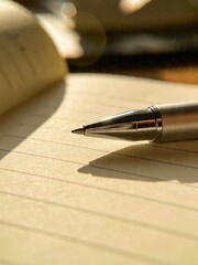 Fototapeta premium Close up of a silver ballpoint pen resting on a lined notebook with warm sunlight