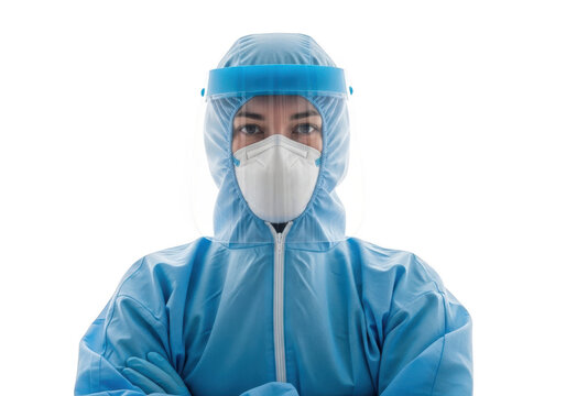 Healthcare professional wearing full protective gear including face mask and gown
